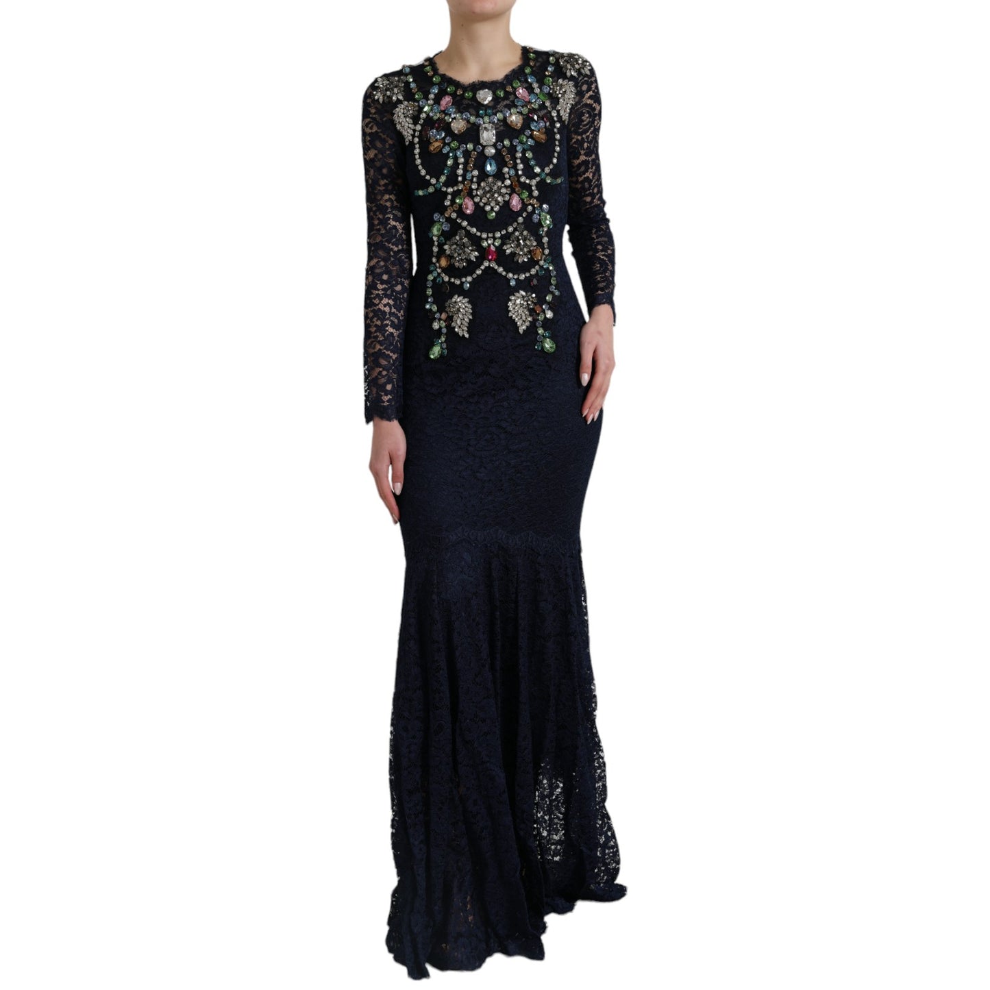 Dolce &amp; Gabbana – Langes Kleid aus blauer, geblümter Spitze mit Kristallen