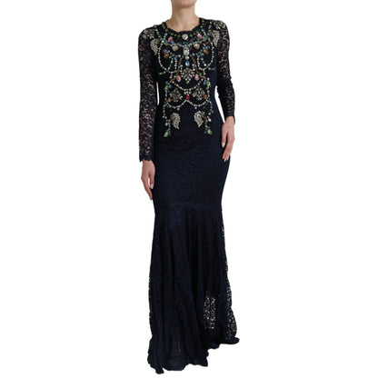 Dolce &amp; Gabbana – Langes Kleid aus blauer, geblümter Spitze mit Kristallen