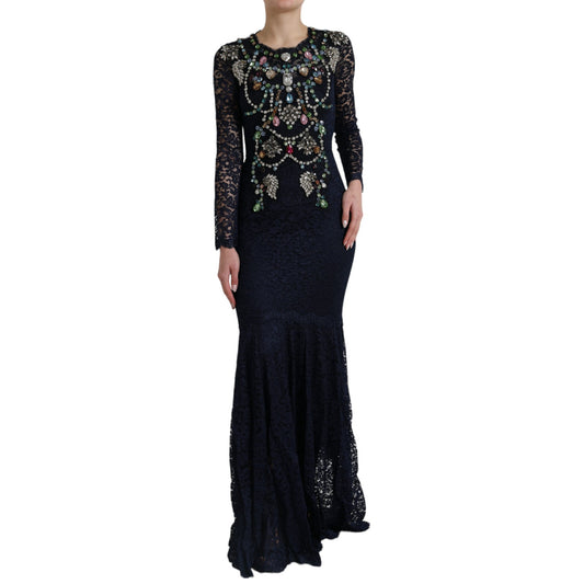 Dolce &amp; Gabbana – Langes Kleid aus blauer, geblümter Spitze mit Kristallen