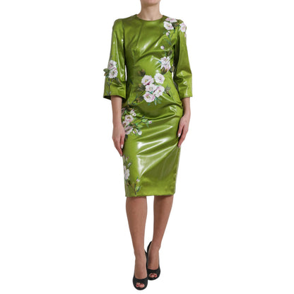 Dolce &amp; Gabbana – Grünes, mit Blumen verziertes Etui-Midikleid