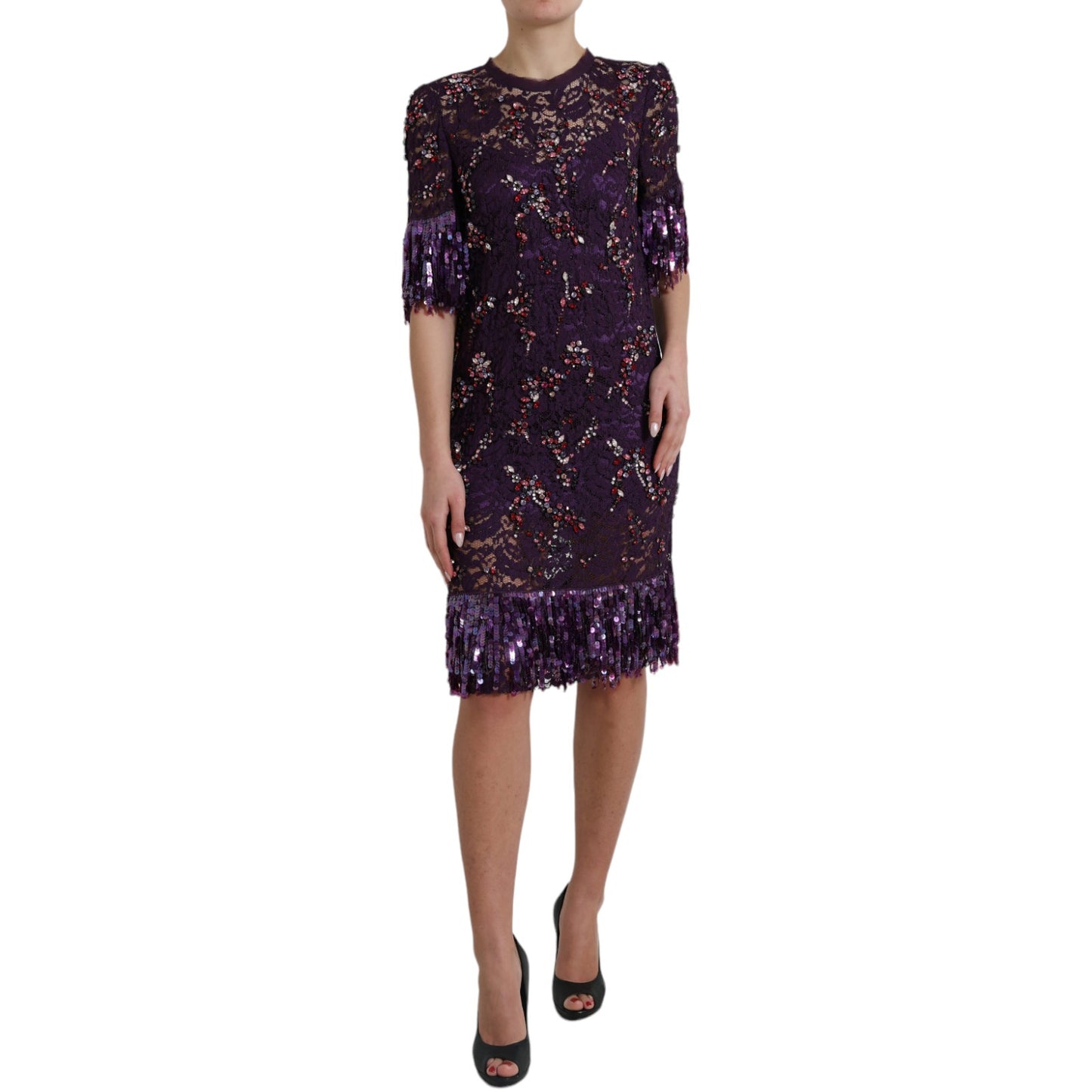 Dolce &amp; Gabbana Lila Kleid aus floraler Spitze mit Kristallen