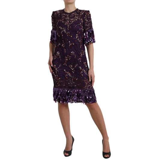 Dolce &amp; Gabbana Lila Kleid aus floraler Spitze mit Kristallen