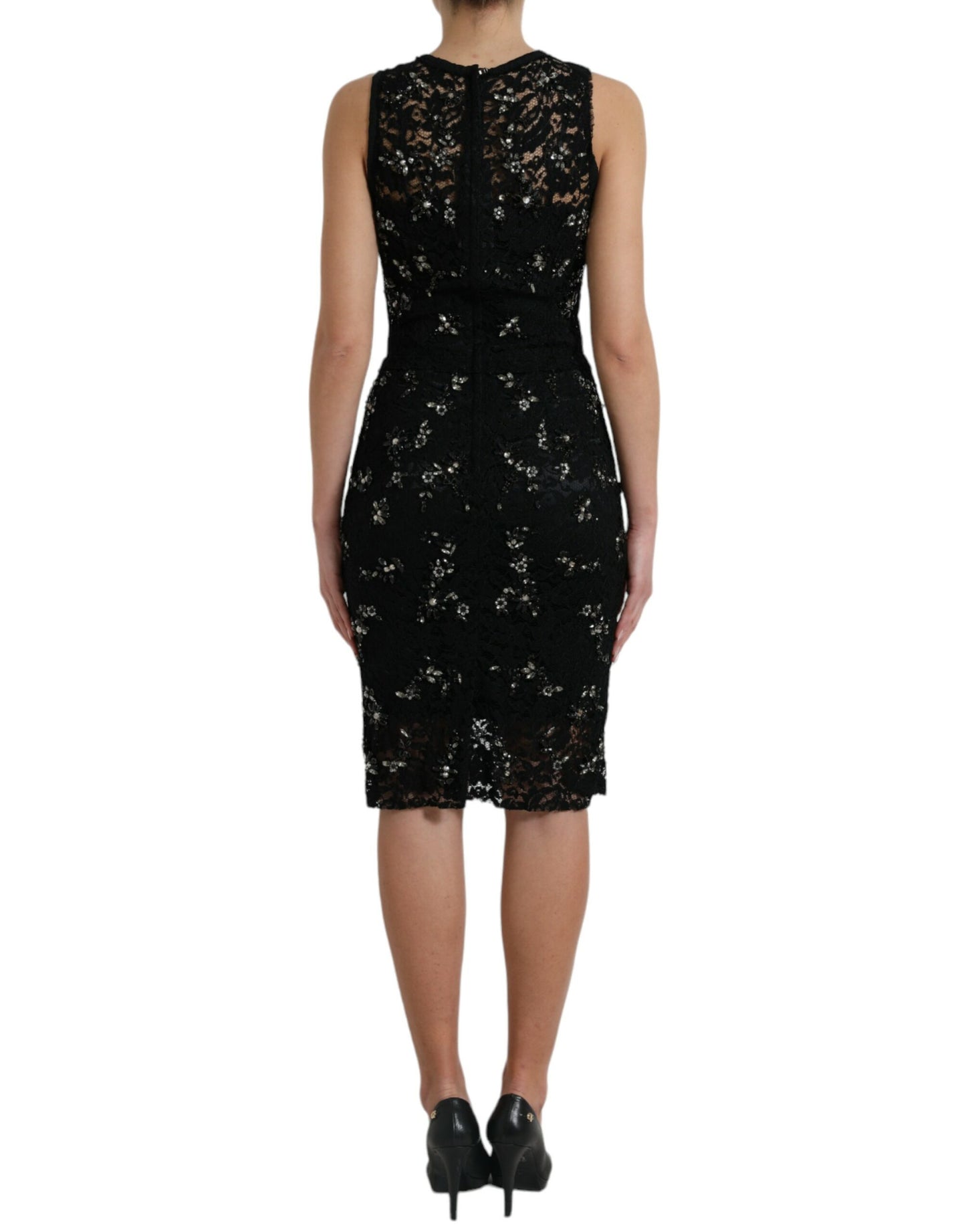 Dolce &amp; Gabbana – Schwarzes Etuikleid aus floraler Spitze mit Kristallen