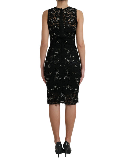 Dolce &amp; Gabbana – Schwarzes Etuikleid aus floraler Spitze mit Kristallen