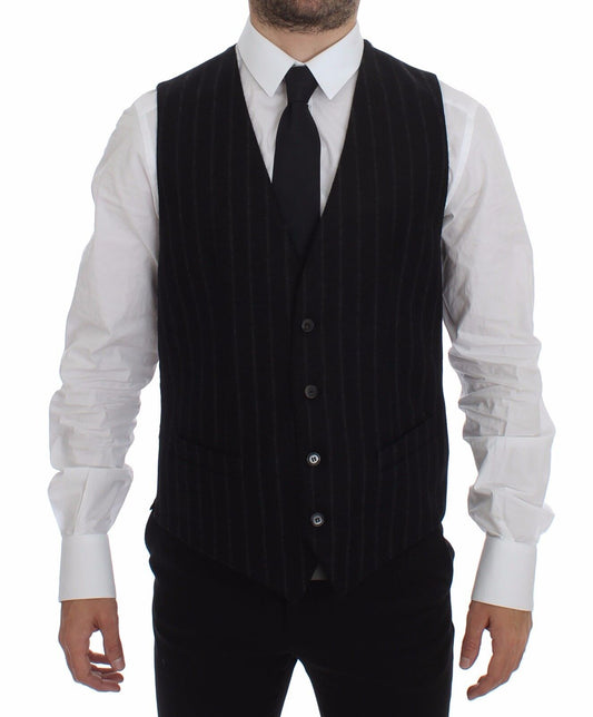 Dolce &amp; Gabbana – Schwarze Weste aus gestreifter Wolle mit Logo