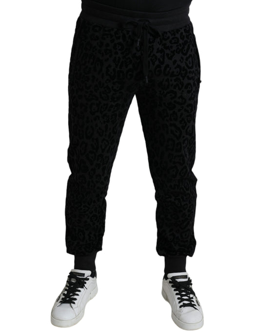 Dolce &amp; Gabbana – Schwarze Jogginghose aus Baumwolle mit Leopardenmuster und schmaler Passform