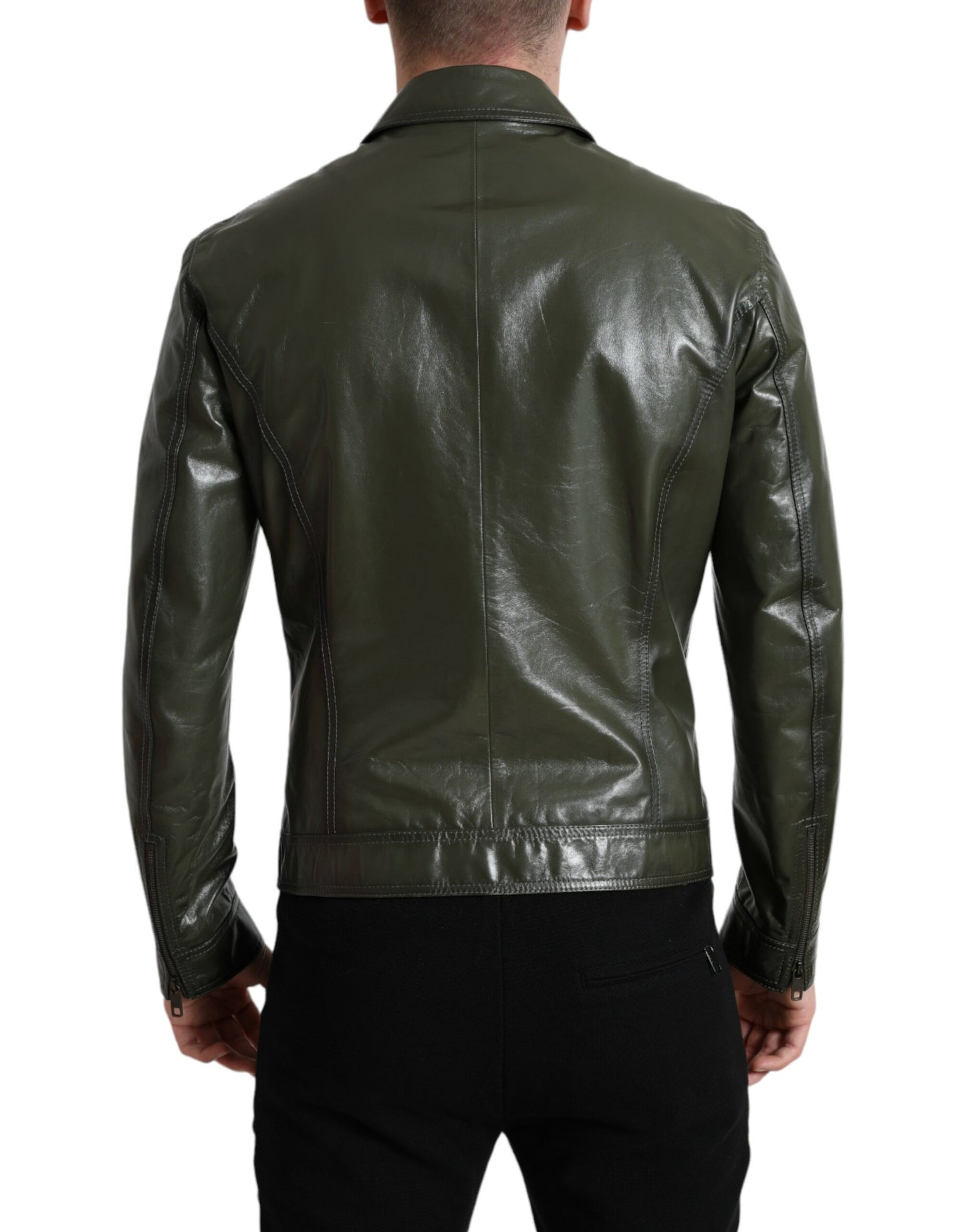 Dolce &amp; Gabbana Green Leather Collared Biker Full Zip Jacket