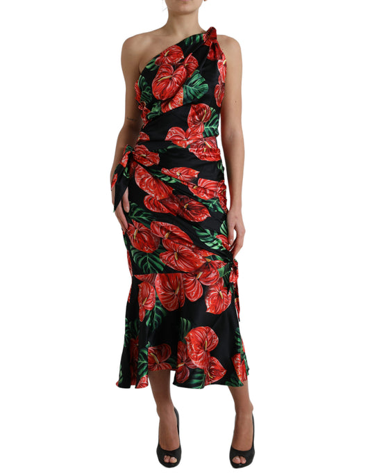 Dolce &amp; Gabbana Black Shiny Silk Floral Print Draped Dress