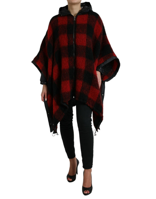 Dolce &amp; Gabbana – Ponchojacke mit Kapuze und Buffalo-Karomuster in Schwarz und Rot