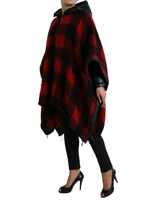 Dolce &amp; Gabbana Black Red Buffalo Check Hooded Poncho Jacket