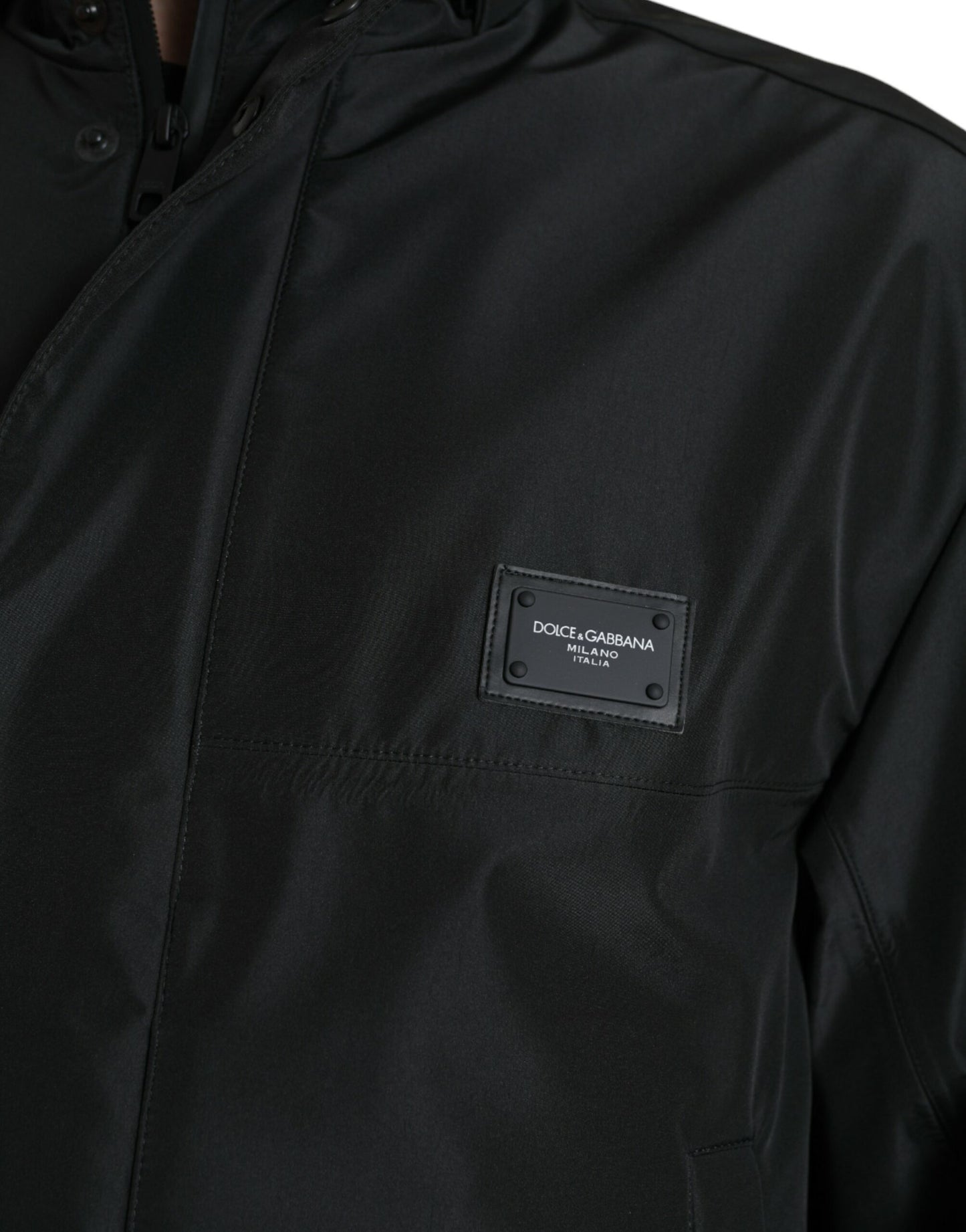 Dolce &amp; Gabbana Black Polyester Logo Plaque Hooded Jacket