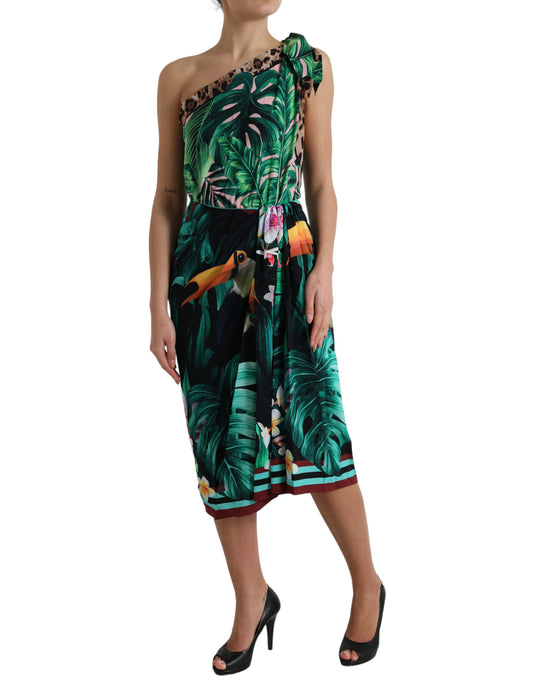 Dolce &amp; Gabbana Green Tropical Jungle Print One Shoulder Midi Dress