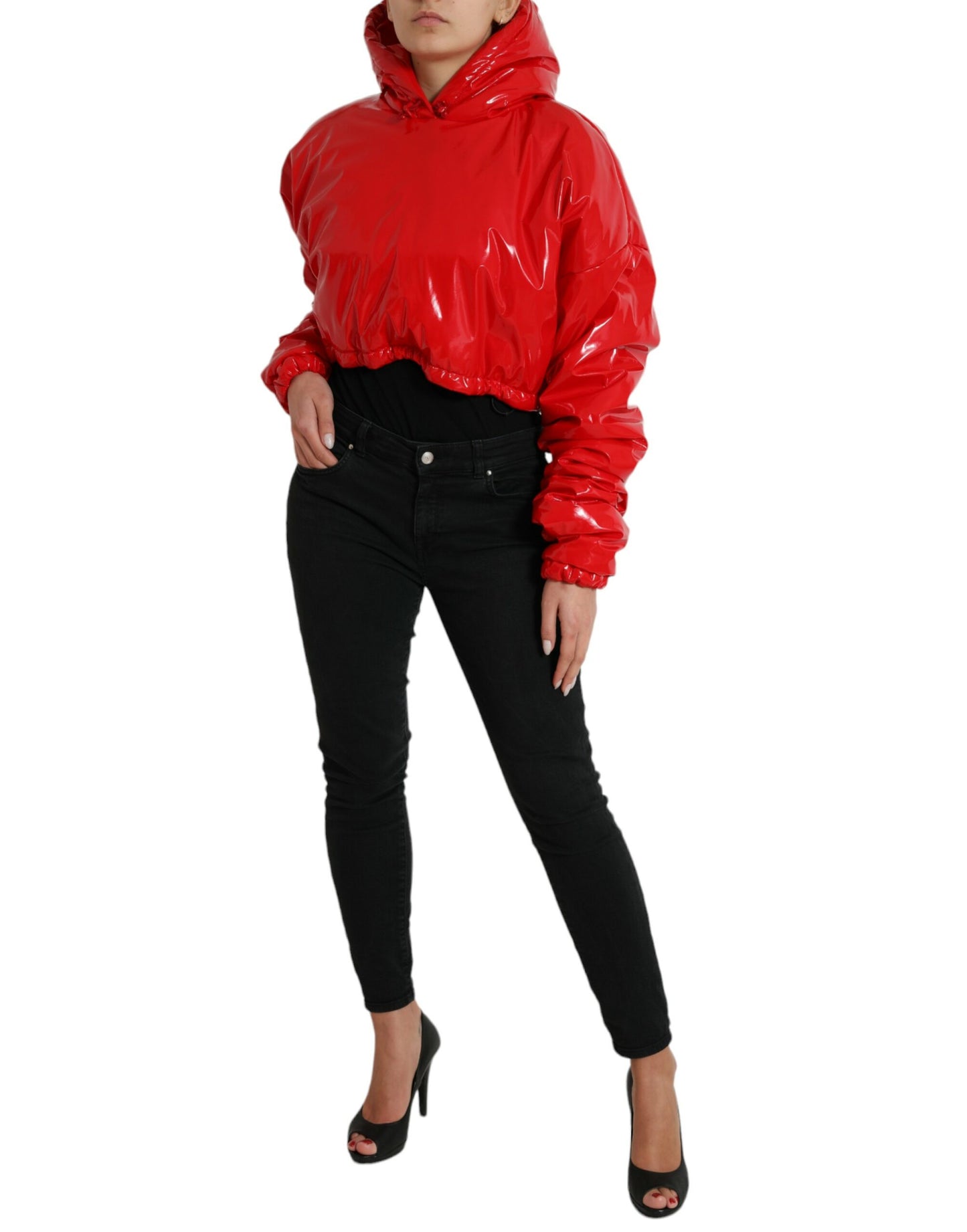 Dolce &amp; Gabbana – Kurze, glänzend rote Manteljacke mit Kapuze