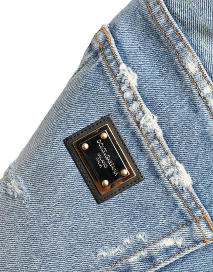 Dolce &amp; Gabbana Blue Tattered Embellished Bermuda Shorts
