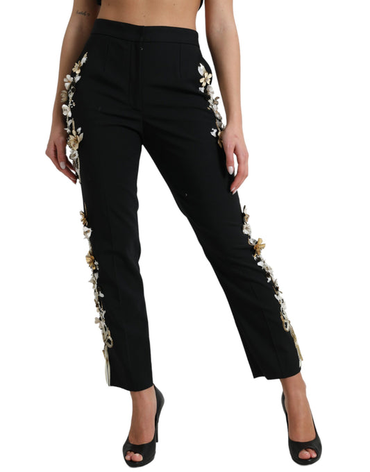 Dolce &amp; Gabbana Black Floral Applique High Waist Tapered Pants