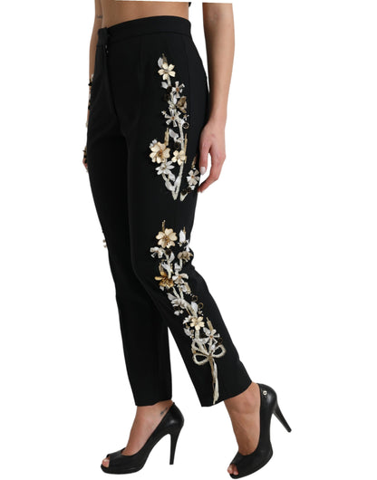 Dolce &amp; Gabbana Black Floral Applique High Waist Tapered Pants