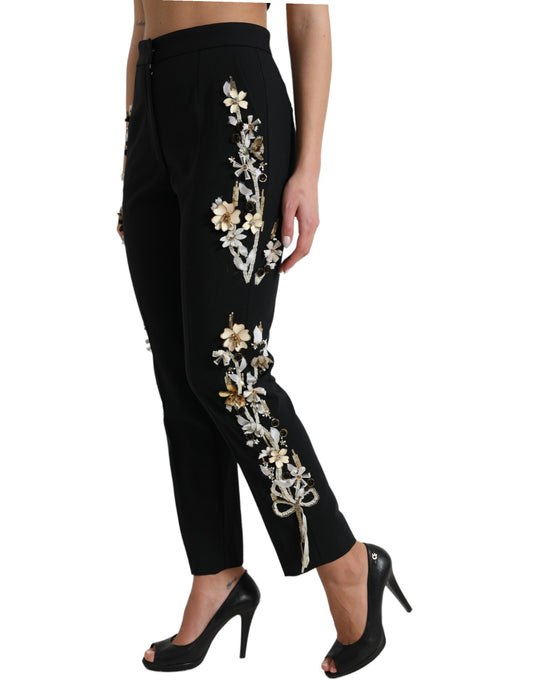 Dolce &amp; Gabbana Black Floral Applique High Waist Tapered Pants