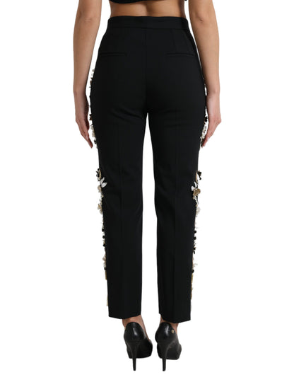 Dolce &amp; Gabbana Black Floral Applique High Waist Tapered Pants