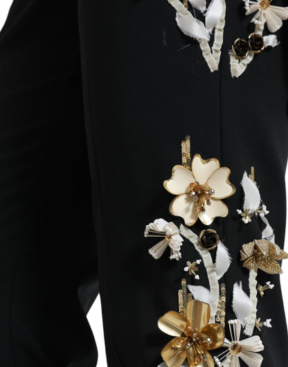 Dolce &amp; Gabbana Black Floral Applique High Waist Tapered Pants