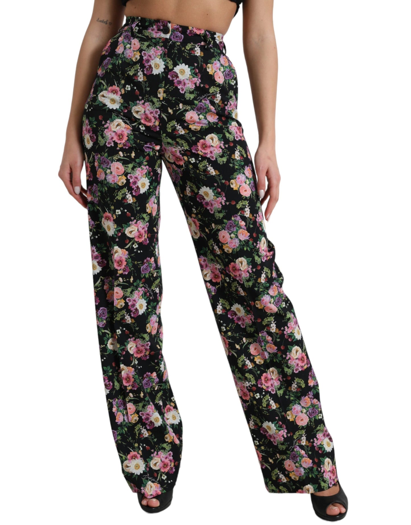 Dolce &amp; Gabbana Black Floral Wool High Waist Wide Leg Pants