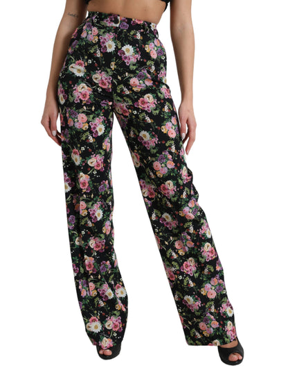 Dolce &amp; Gabbana Black Floral Wool High Waist Wide Leg Pants