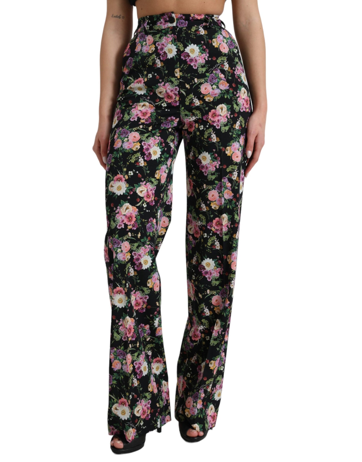 Dolce &amp; Gabbana Black Floral Wool High Waist Wide Leg Pants