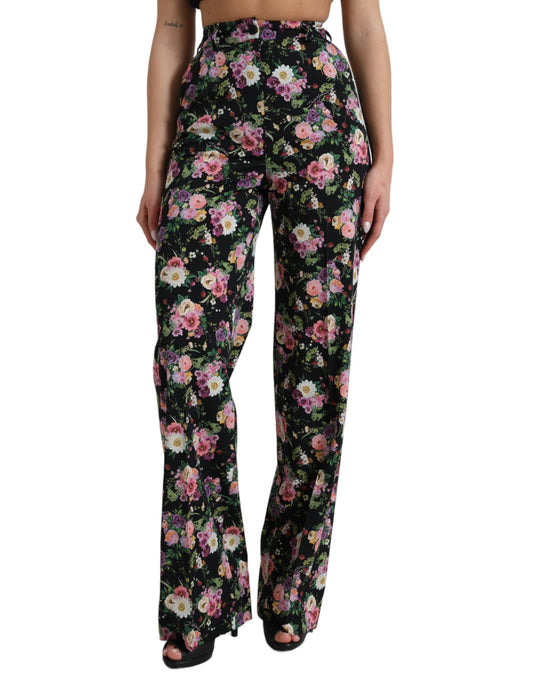Dolce &amp; Gabbana Black Floral Wool High Waist Wide Leg Pants