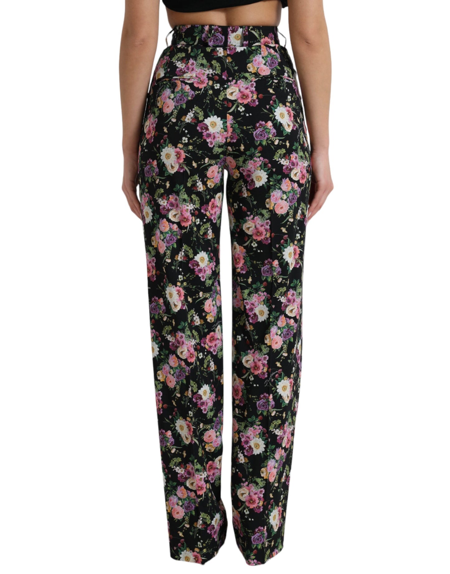 Dolce &amp; Gabbana Black Floral Wool High Waist Wide Leg Pants