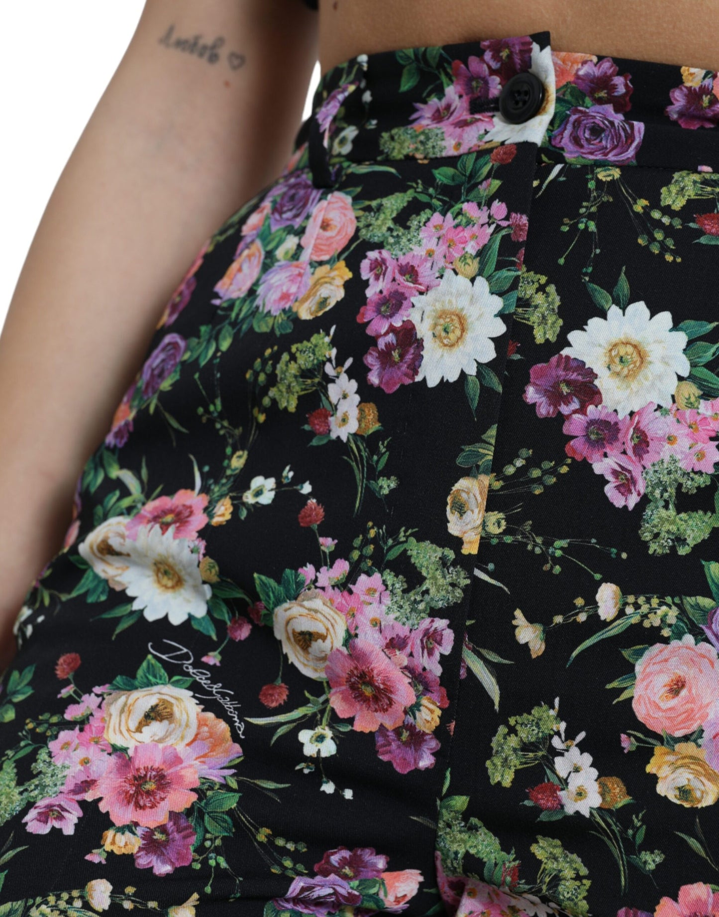 Dolce &amp; Gabbana Black Floral Wool High Waist Wide Leg Pants