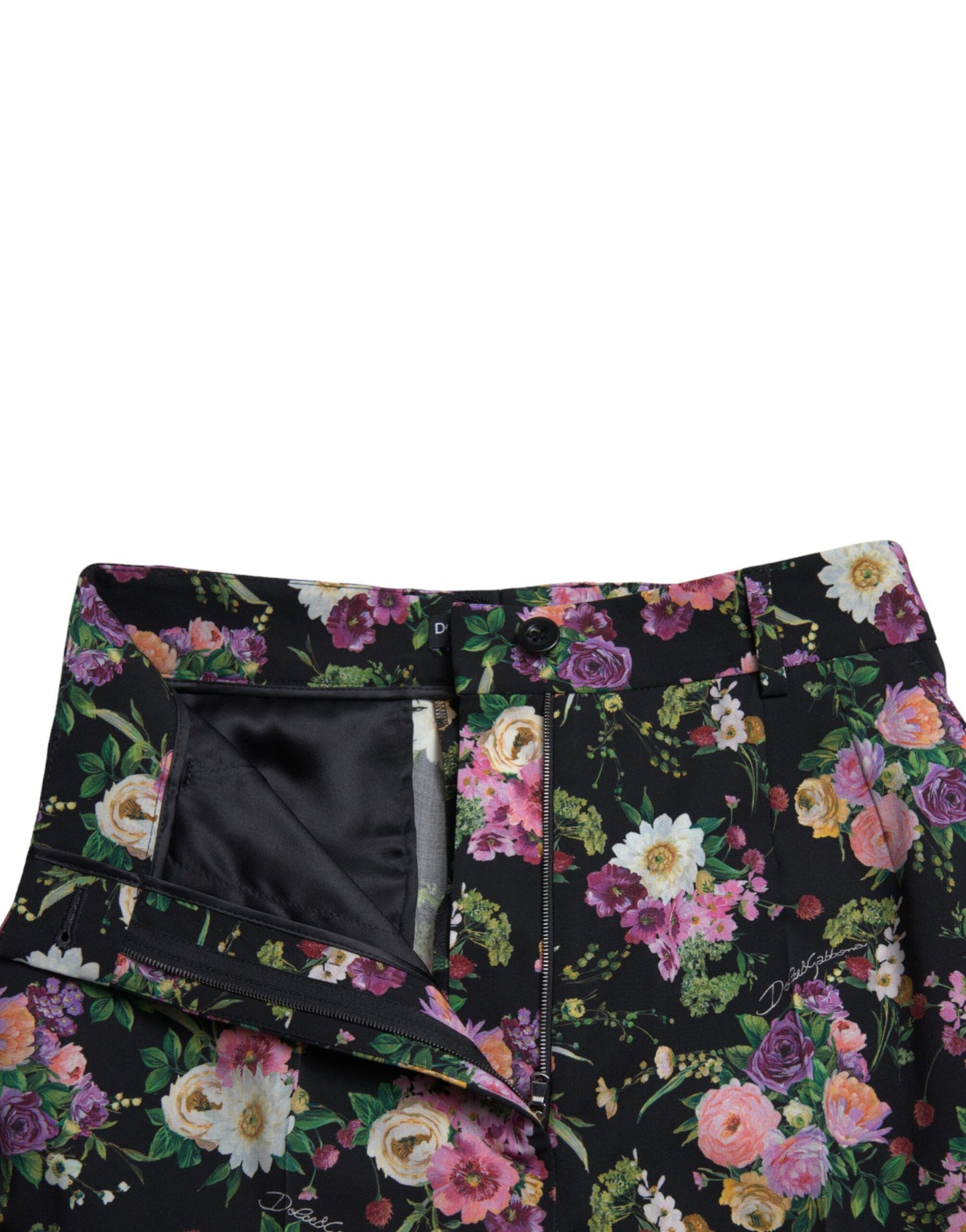 Dolce &amp; Gabbana Black Floral Wool High Waist Wide Leg Pants