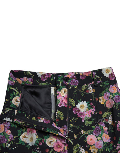 Dolce &amp; Gabbana Black Floral Wool High Waist Wide Leg Pants