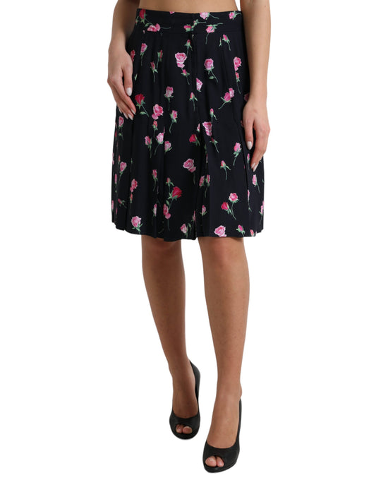 Dolce &amp; Gabbana – Knielanger A-Linien-Rock mit hoher Taille und schwarzer Rose