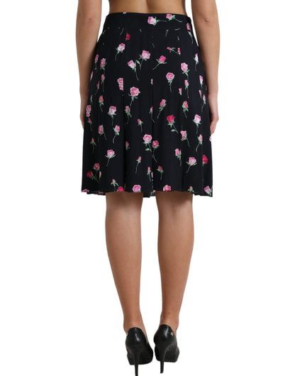 Dolce &amp; Gabbana – Knielanger A-Linien-Rock mit hoher Taille und schwarzer Rose