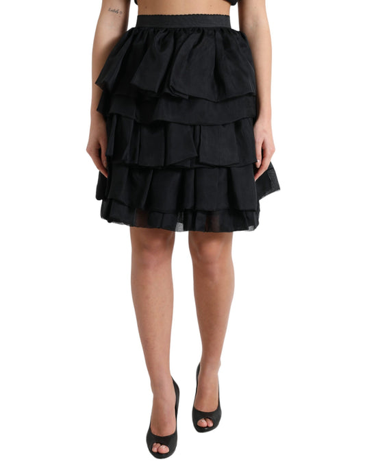 Dolce &amp; Gabbana – Schwarzer, gestufter Aline-Minirock aus Seide mit hoher Taille