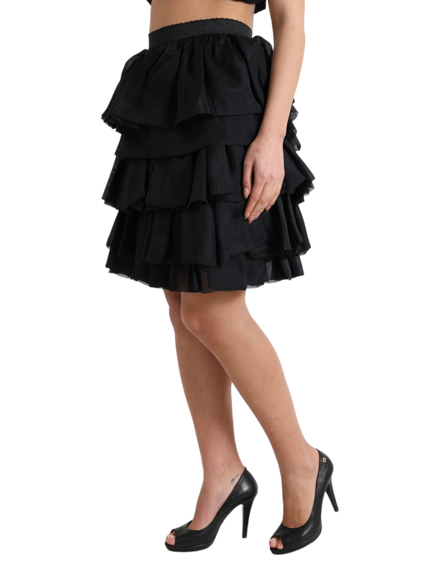 Dolce &amp; Gabbana – Schwarzer, gestufter Aline-Minirock aus Seide mit hoher Taille