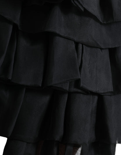 Dolce &amp; Gabbana – Schwarzer, gestufter Aline-Minirock aus Seide mit hoher Taille