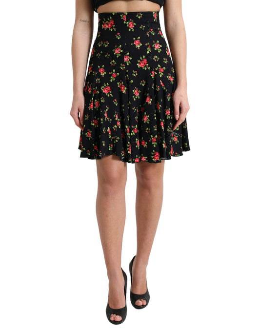 Dolce &amp; Gabbana – Schwarzer Minirock in A-Linie mit hoher Taille und Rosenprint