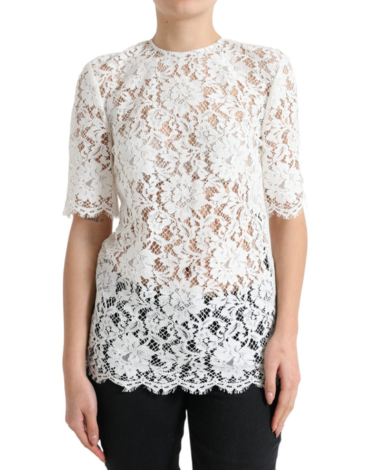 Dolce &amp; Gabbana White Floral Lace Cotton Round Neck Blouse Top