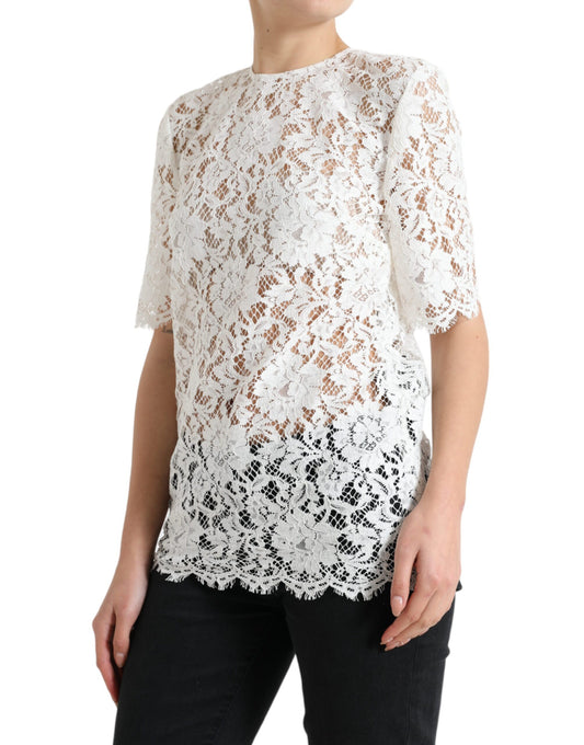 Dolce &amp; Gabbana White Floral Lace Cotton Round Neck Blouse Top