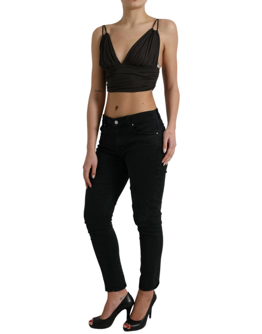 Dolce &amp; Gabbana Brown Viscose Plunging V-neck Cropped Tank Top