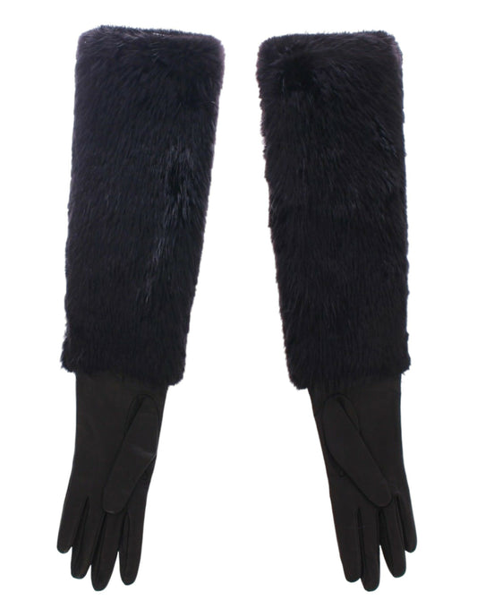 Dolce &amp; Gabbana Schwarze Ellbogenhandschuhe aus Biberfell und Lammleder
