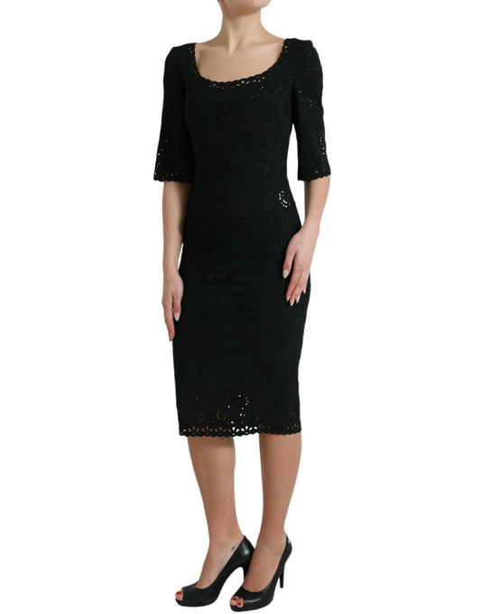Dolce &amp; Gabbana Black Floral Lace Viscose Bodycon Midi Dress