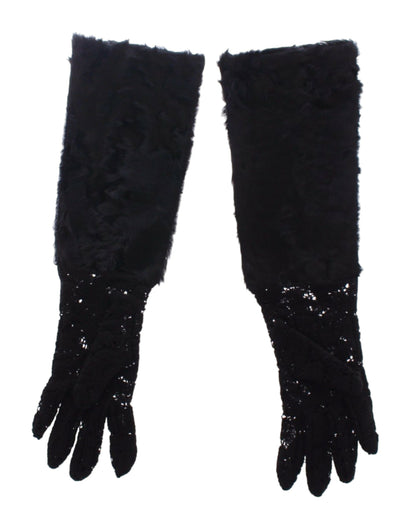 Dolce &amp; Gabbana – Schwarze Ellbogenhandschuhe aus Wolllammfell mit Spitze