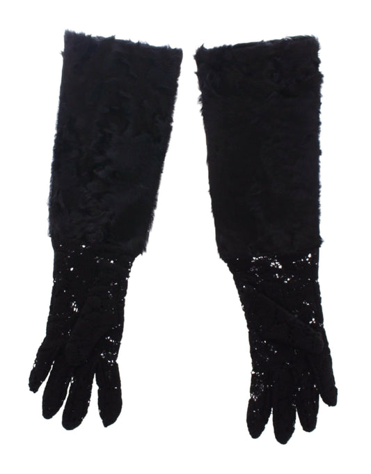 Dolce &amp; Gabbana – Schwarze Ellbogenhandschuhe aus Wolllammfell mit Spitze