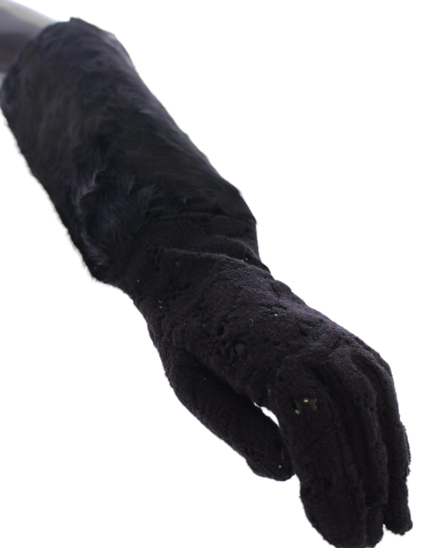 Dolce &amp; Gabbana – Schwarze Ellbogenhandschuhe aus Wolllammfell mit Spitze