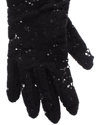Dolce &amp; Gabbana – Schwarze Ellbogenhandschuhe aus Wolllammfell mit Spitze