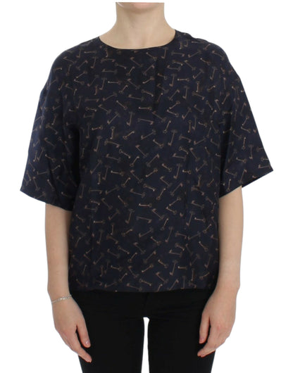 Dolce &amp; Gabbana Blaue Seidenbluse mit goldenem Schlüsseldruck