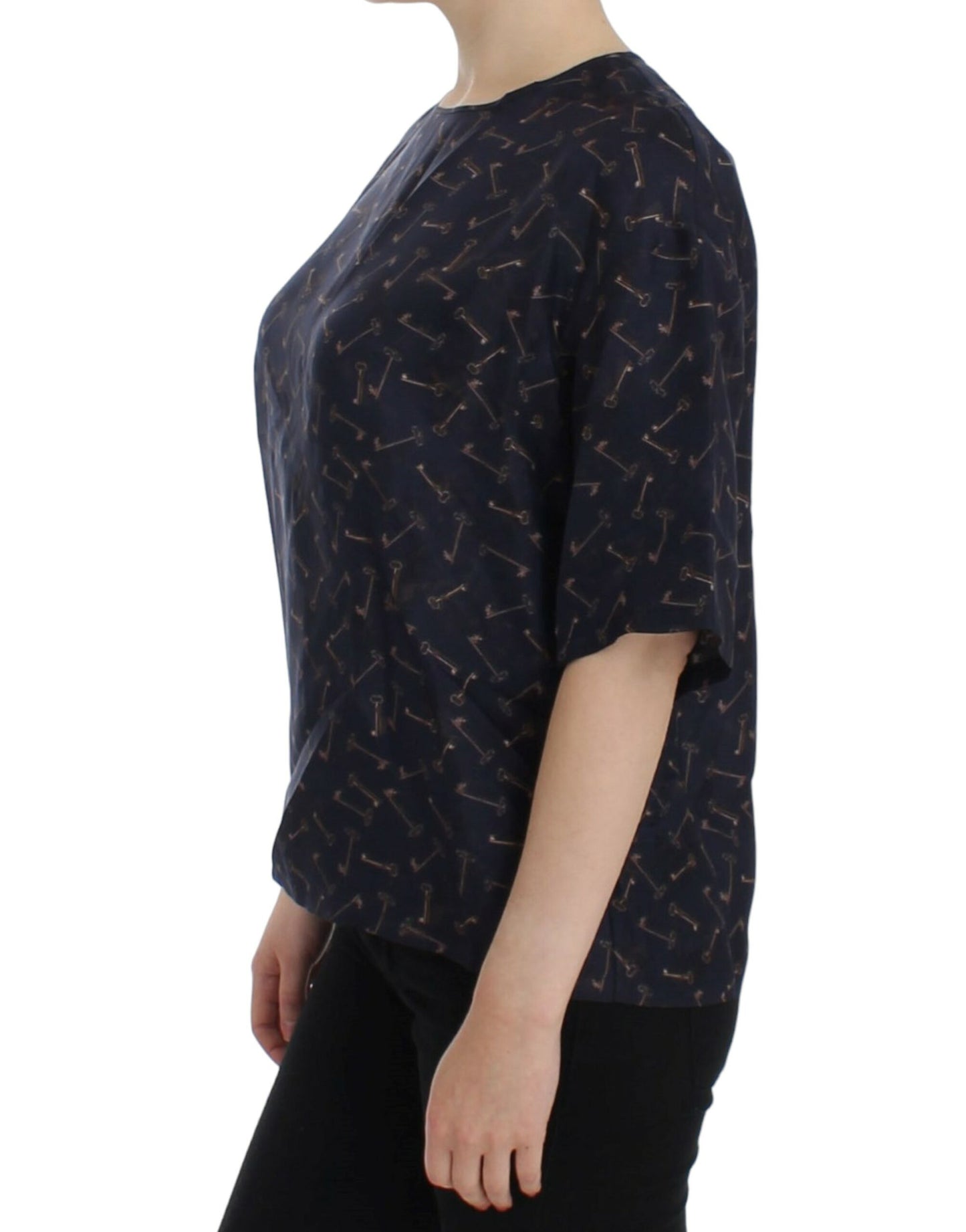 Dolce &amp; Gabbana Blaue Seidenbluse mit goldenem Schlüsseldruck