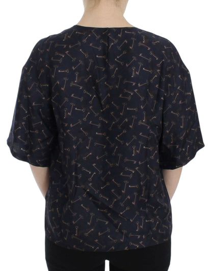 Dolce &amp; Gabbana Blaue Seidenbluse mit goldenem Schlüsseldruck