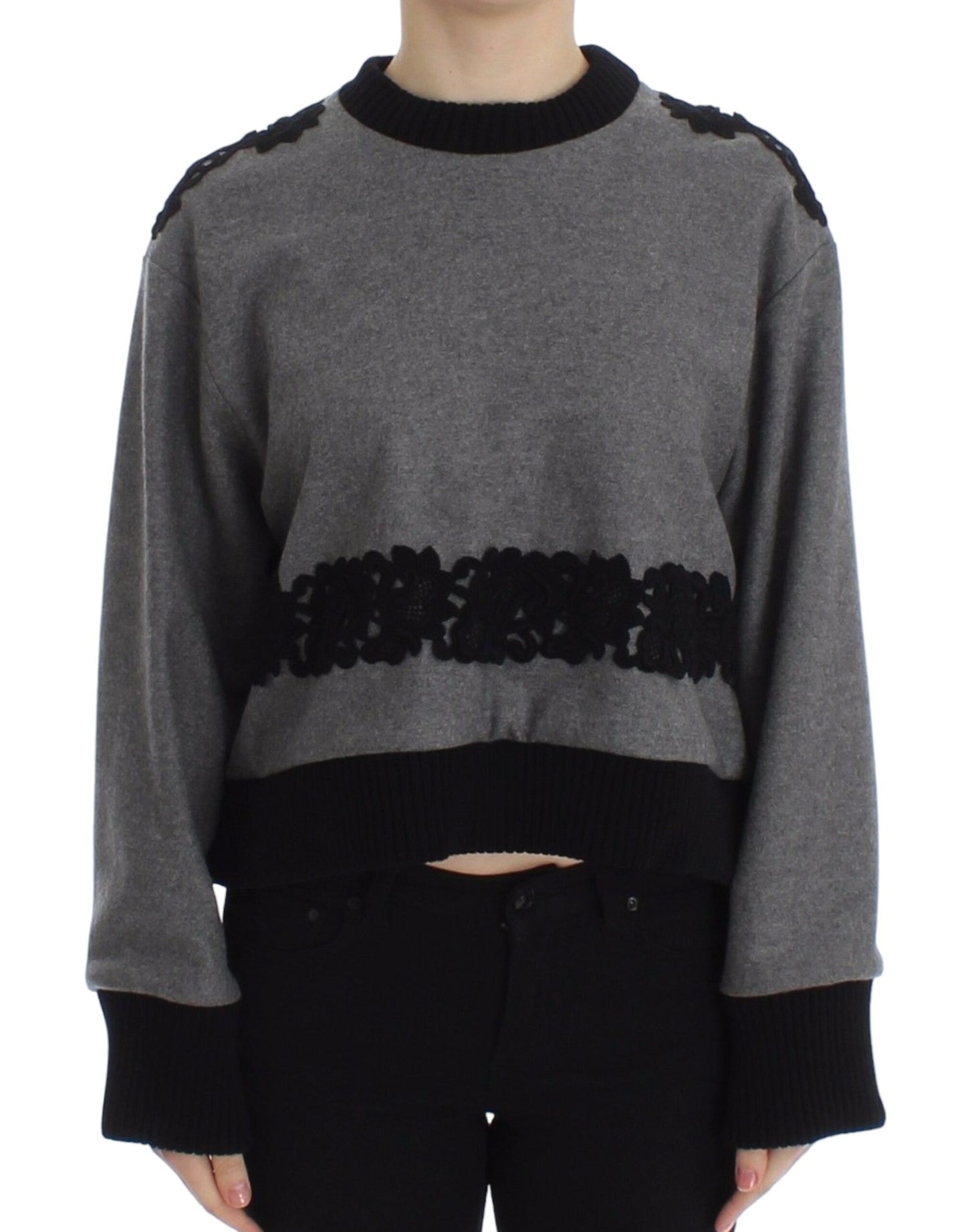Dolce &amp; Gabbana Grau-schwarzer Woll-Kaschmirpullover mit Spitze